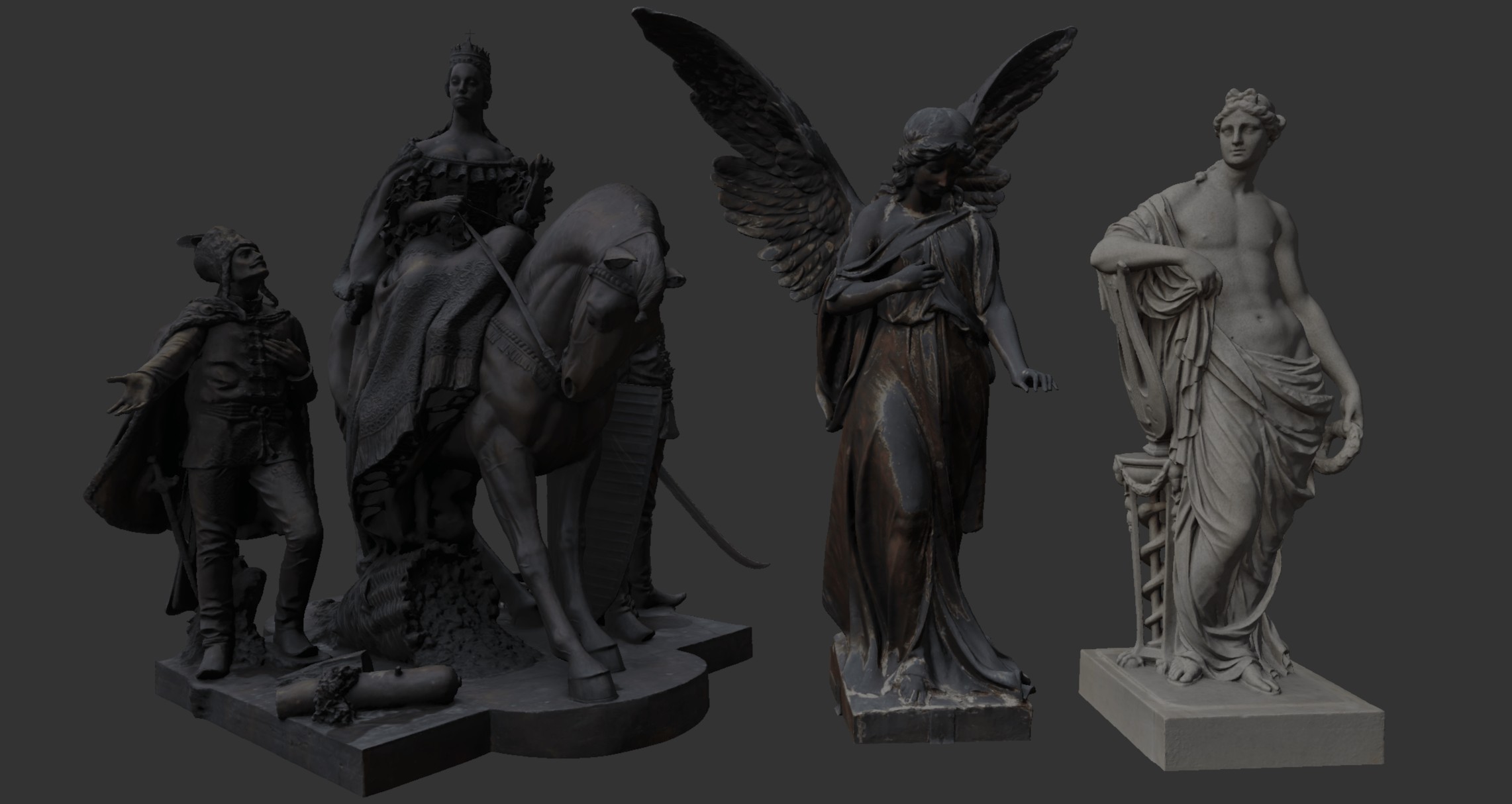 Several detailed statues rendered with different materials in artisDX.