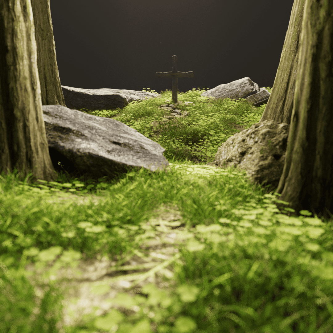 A mossy woodland grave framed by trees and rocks, with a shallow depth of field.