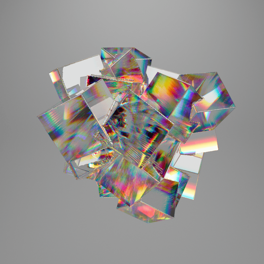 An abstract arrangement of glass cubes with colorful reflections.